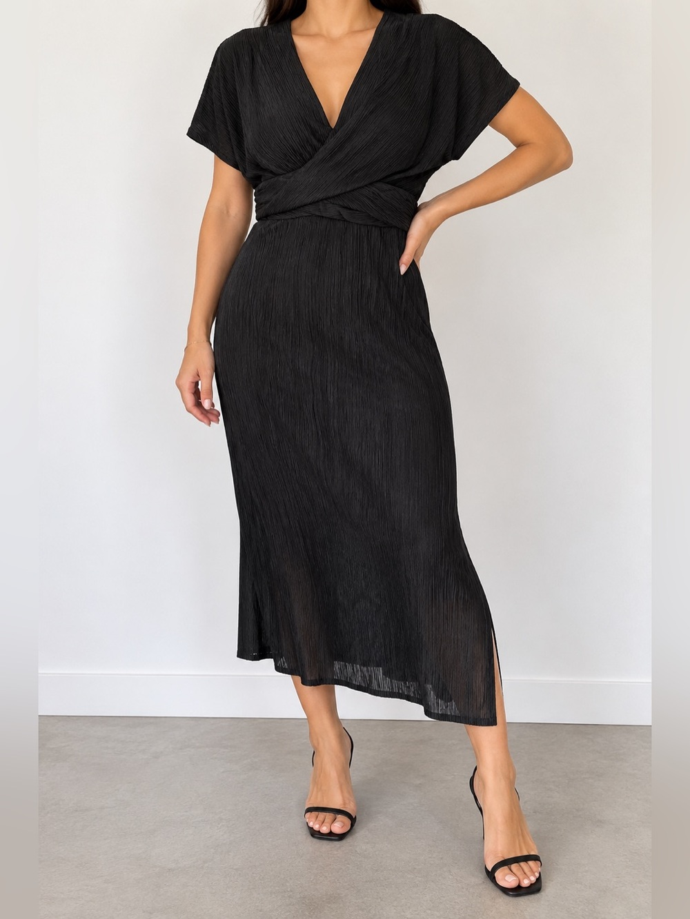All in Favor Black Midi Wrap Dress